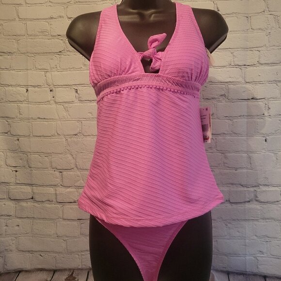 Jessica Simpson Women's Pretty in Pique Tankini Top with High Waisted Bottoms - Picture 1 of 7